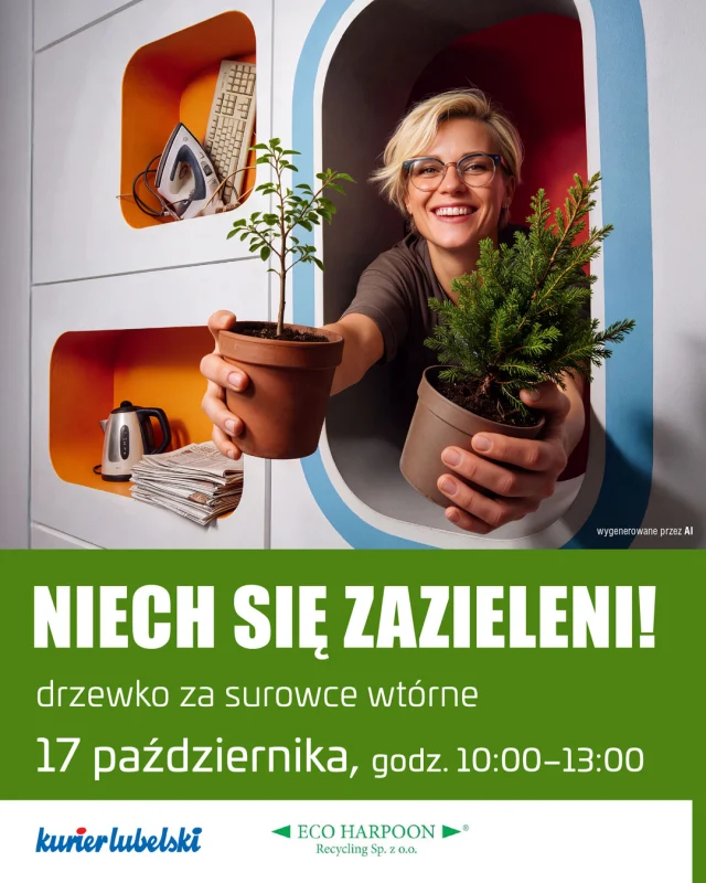 🌳 Jedno małe działanie, wiele dobrego dla środowiska.

Już 17 października przynieście do Galerii Twierdza makulaturę lub elektrośmieci i odbierzcie sadzonki drzew! 💚 Do rozdania czeka aż 1000 sadzonek drzew liściastych i iglastych.

Co możecie przynieść?
📄 Makulaturę – im więcej kilogramów, tym więcej sadzonek.
🔌 Elektrośmieci – mały sprzęt to 1 sadzonka, duży sprzęt to 2 sadzonki.
❗ Pamiętajcie, że nie przyjmujemy tradycyjnych żarówek, halogenów, świetlówek ani LED-ów.

Akcję organizują @kurier_lubelski oraz ecoharpoon_recycling.
Do wydarzenia dołącza też Castorama Zamość, która przygotuje dodatkowe warsztaty. 🌿

Widzimy się 17 października w godzinach 10:00–13:00! 
📍 Galeria Twierdza