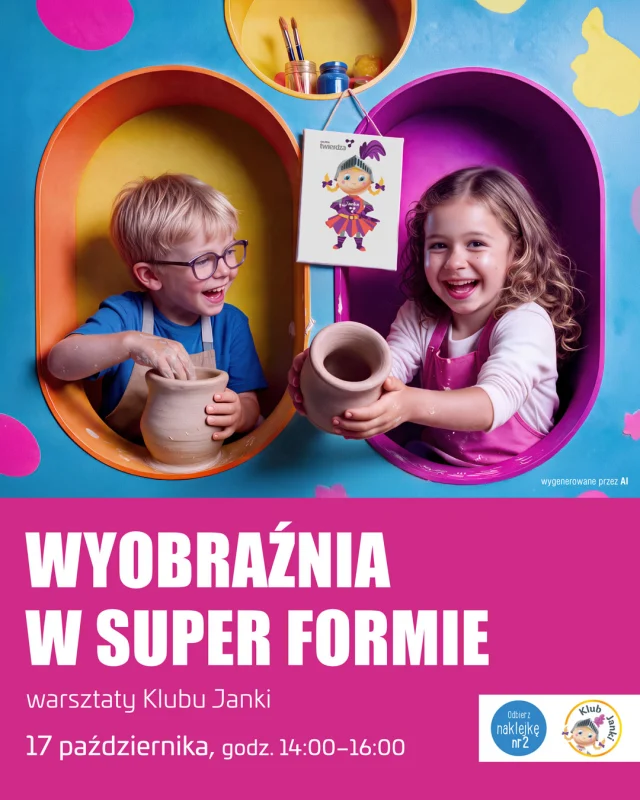 🎃 Jesień, glina i głowy pełne pomysłów! 🎨🍂

Już 17 października Klub Janki ponownie zamieni się w miejsce pełne kreatywnej zabawy! 💜
Wracamy do lepienia z gliny, ale tym razem wprowadzamy też trochę jesiennych akcentów. 

Będziemy tworzyć, ozdabiać dynie i sprawdzać, co ciekawego podpowie nam wyobraźnia! ✨
A podczas warsztatów nie zabraknie też dodatkowych atrakcji!

🔹 Nasza Janka zadba o uśmiechy i dobrą zabawę.
🔹 Marta ze @szkolamuzycznayamaha rozkręci muzyczną część spotkania.

❗️Uwaga, mali kolekcjonerzy naklejek! Tym razem do Waszych indeksów trafi naklejka nr 2! A kto zbierze 3 naklejki, otrzyma drobny upominek. 🎁

📅 17 października
⏰ 14:00–16:00
📍 Galeria Twierdza Zamość

Szykujcie kreatywne pomysły i wpadajcie do Klubu Janki! 💜

#GaleriaTwierdza #Zamość #KlubJanki #Warsztaty #Upominki #Glina #Muzyka #Kreatywność 
Galeria Twierdza | Zamość | Klub Janki | Warsztaty | Kreatywność | Muzyka | Upominki | Glina